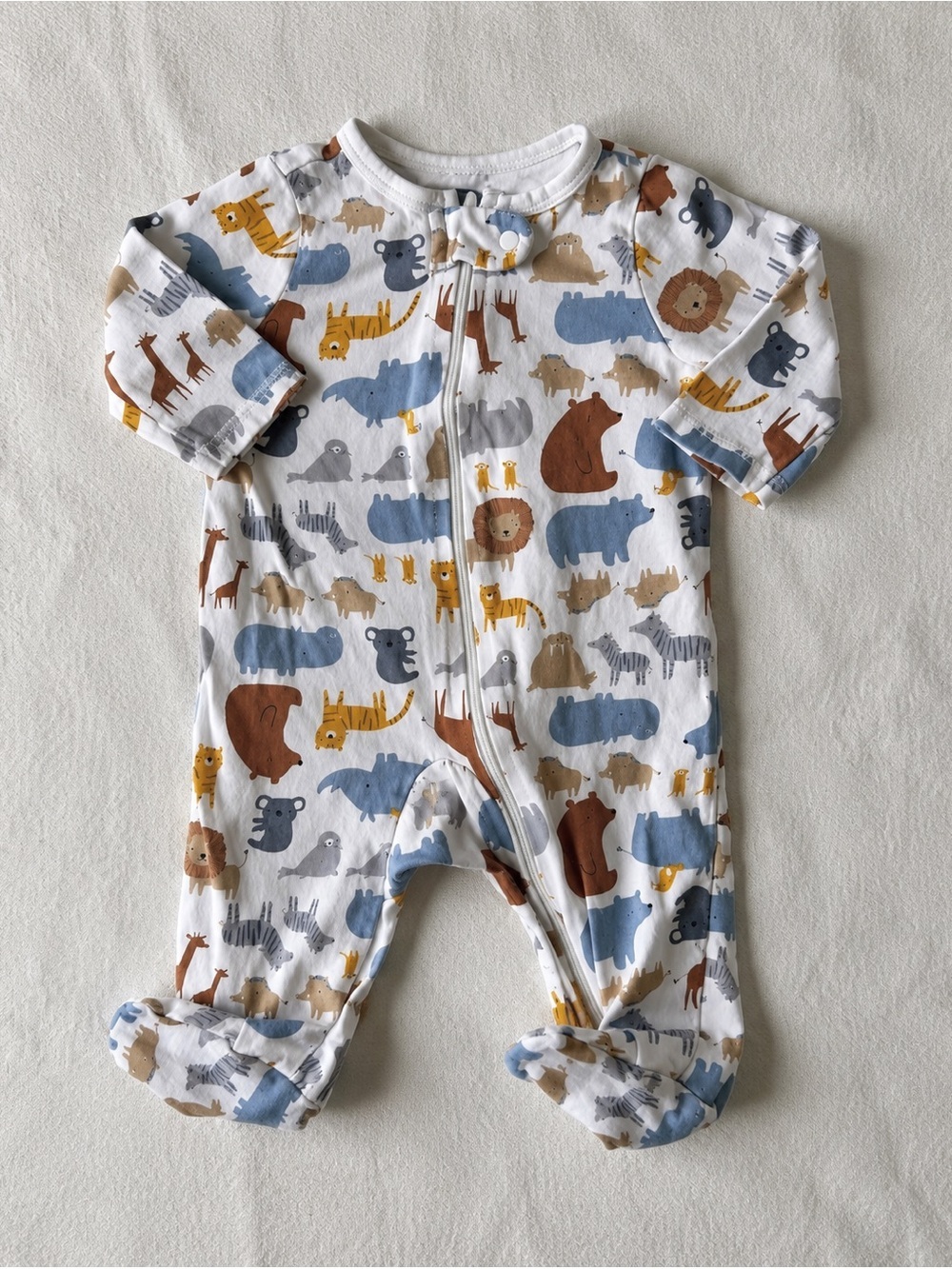 Carter's White One-Piece Footed Sleeper with Blue Brown & Yellow Animal Print 3M